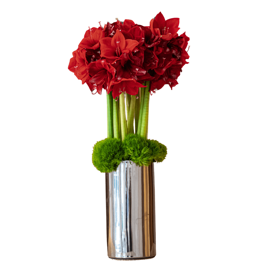 Large lobby floral arrangement featuring red Amaryllis