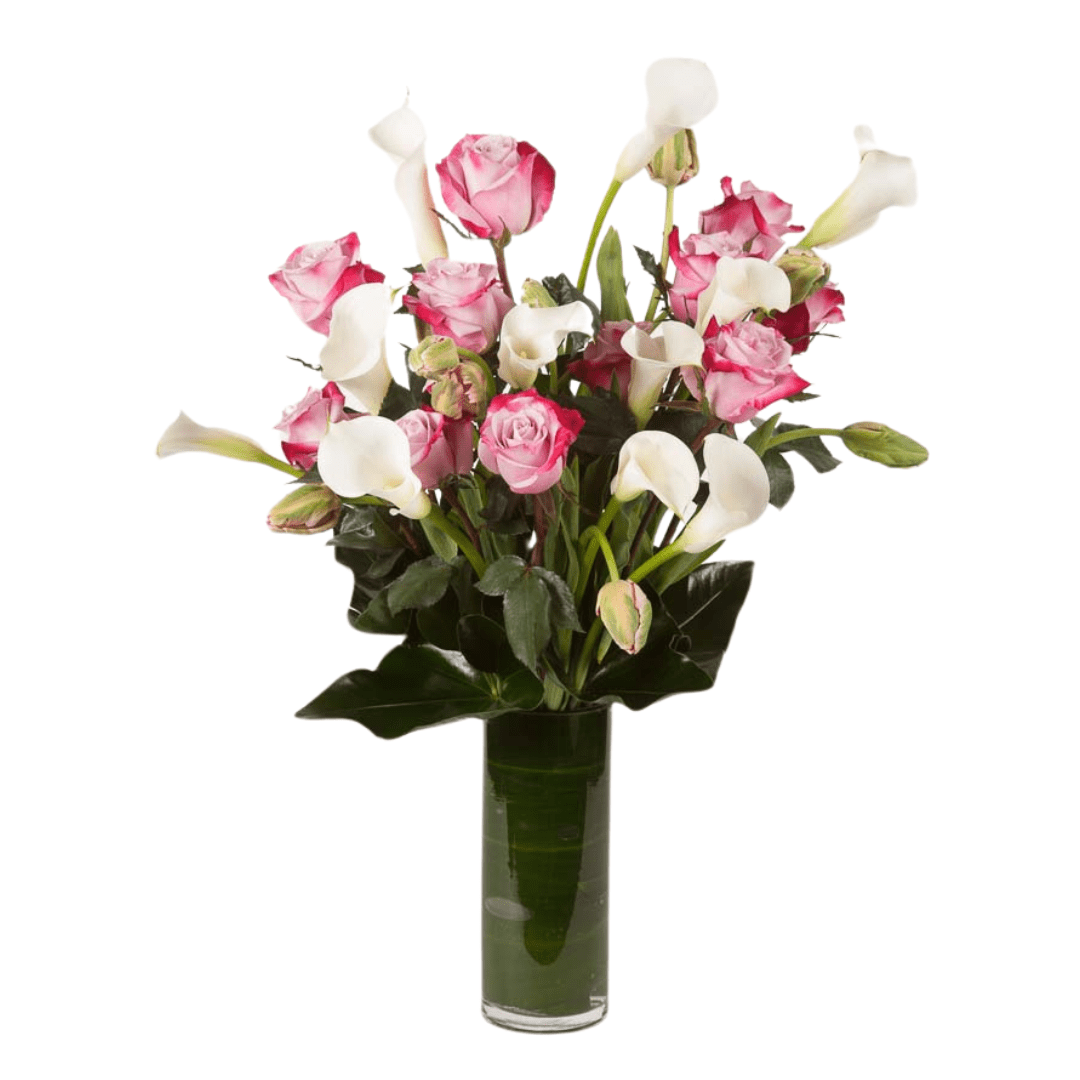 Tall floral arrangement featuring pink and white Roses and mini Calla Lilies