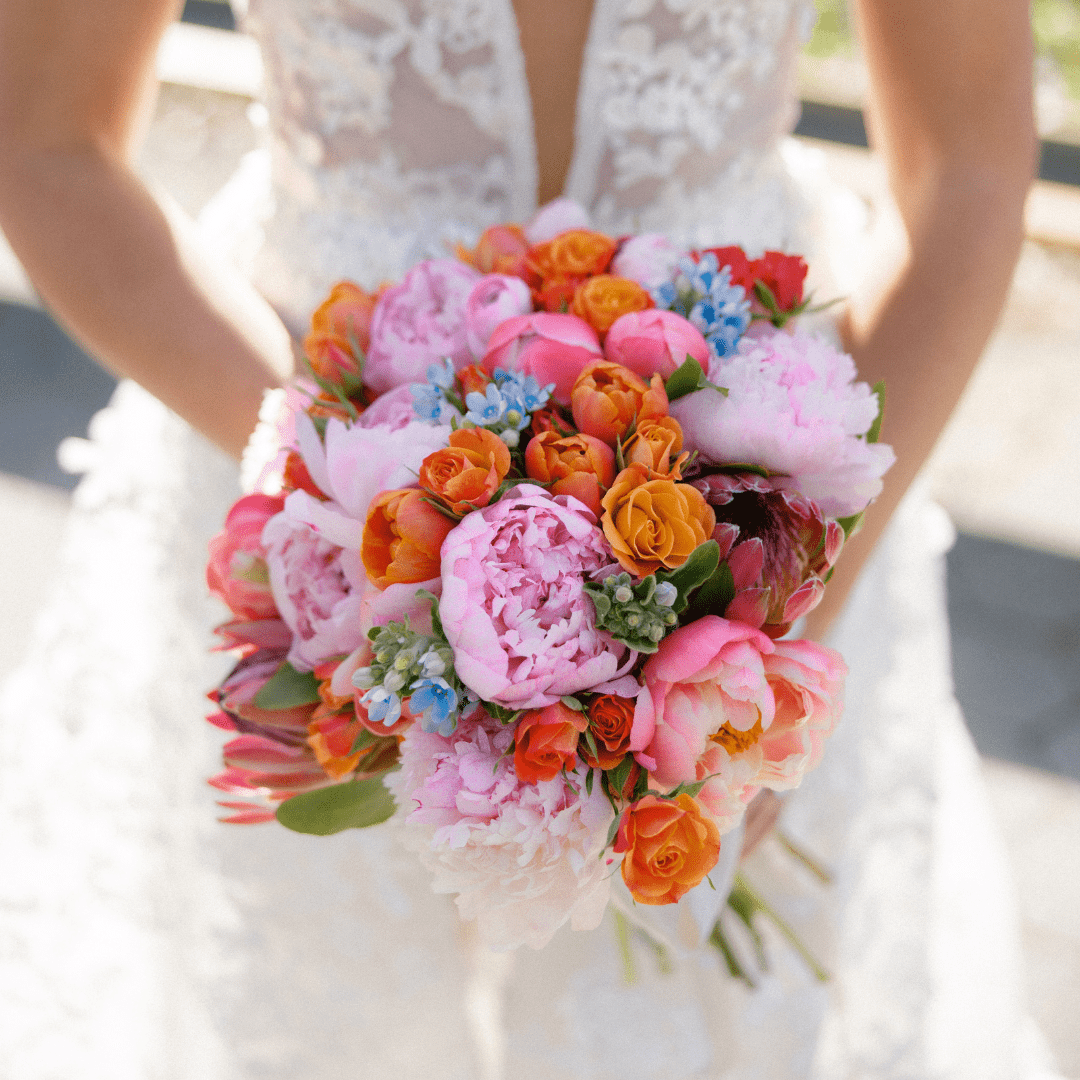 Large colorful bridal bouquet featuring Peonies, Tulips and Tweedia