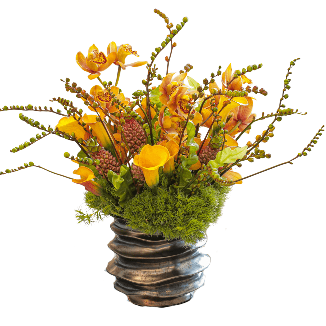 Medium modern and sophisticated yellow monochromatic floral arrangement featuring mini Calla Lilies and Orchids