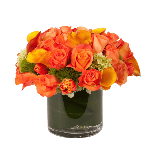 Floral arrangement featuring orange Roses, Calla Lilies & Tulips