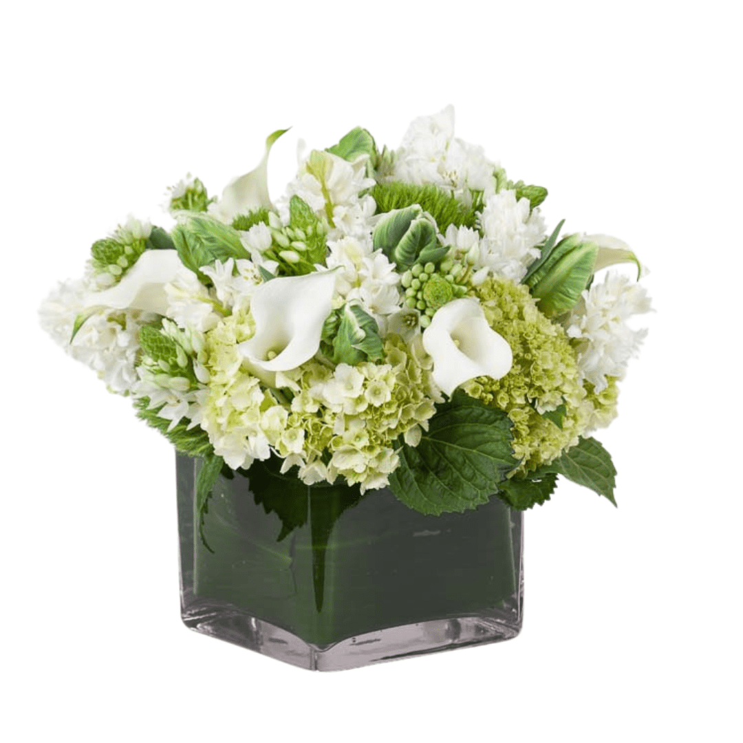 Square white and green floral arrangement  featuring Hydrangea and mini Calla Lilies