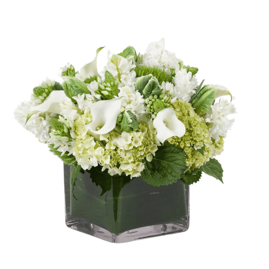 Square white and green floral arrangement  featuring Hydrangea and mini Calla Lilies